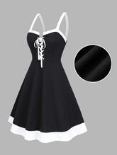 2025 Women's Gothic Black Dresses Two Tone Lace Up Mini Dress Contrast Color High Waist Sleeveless Vintage Dress