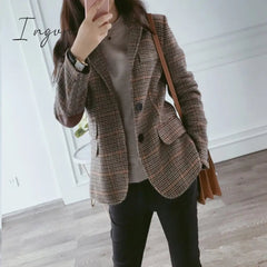 Ingvn - New Fashion Business Interview Plaid Suits Women Work Office Ladies Long Sleeve Vintage Blazer