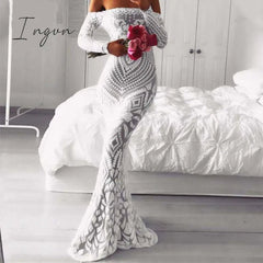 Ingvn - Slash Neck Slim Lace Fishtail Dress Party Women Elegant Long Sleeve Embroidered White Dresses Woman Evening Bride Smaid Vestidos