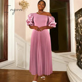 Ingvn - Long Party Dress for Women Classy Pink Cold Shoulder Ruched Sleeve Pleated A Line Flowy Maxi Evening Gowns for Brides Occaions