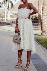 Ingvn - Fashion Elegant Solid Patchwork Mesh Strapless Princess Dresses (Without Belt)