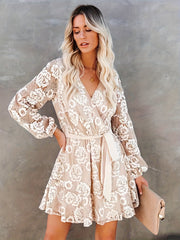 Guipure Lace Surplice Neck Dress, Elegant Lantern Sleeve Tie Waist Dress For Spring & Fall, Women's Clothing