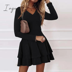 Ingvn - Spring Summer Elegant Solid Color Ruffle Party Dress Women Sexy V-neck Long Sleeve A-Line Dress Ladies Fashion Loose Dress