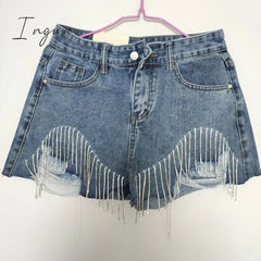Ingvn - Spring Autumn Fashion Tide Denim Short Women High Street Rhinestone Sequins Hole Tassel Fit Wild Clothing