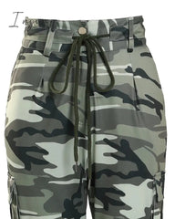 Ingvn - Women Fashion Spring Summer Women Camouflage Print Drawstring Pocket Design Cargo Pants Casual Long Trouser Loungewear Daily Wear Clothes