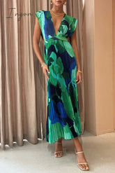 Ingvn - Casual Vacation Print Fold V Neck Sleeveless Dress Dresses