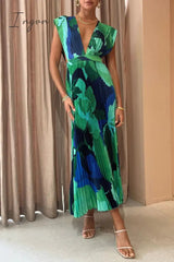 Ingvn - Casual Vacation Print Fold V Neck Sleeveless Dress Dresses