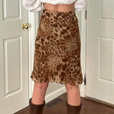 Vintage y2k Leopard Print Midi Skirt Women Low Rise Patchwork Straight Long Skirts 2000s Aesthetic Ladies Clothing Casual
