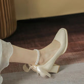 High Heels Women's New Fashion Bow Thick Heel Square Toe Mary Jane Shoes Elegant Medium Heel Women's Shoes Party Shoes