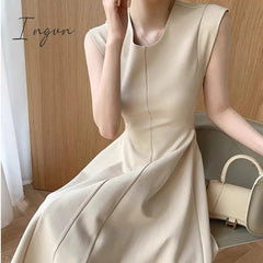 Ingvn - Sleeveless Summer Party Dress Women O-Neck High Waist Long Midi Dress Elegant A-Line Cotton Office Lady Hepburn Korean