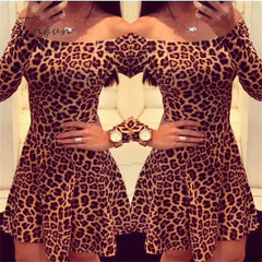 Ingvn - Women Leopard Dresses 2023 Summer Sexy Off Shoulder Bodycon Party Club Dress Leopard Long Sleeve Mini Women Dress Vestido