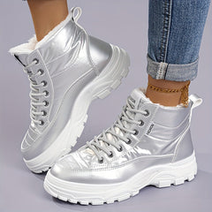 Women'S Winter Thickened Snow Boots High Top Platform Ankle Boots with Warm Fleece Lining, Solid Color, Round Toe, Low Heel, Fabric Insole, Polyurethane PU, Rubber Sole, Hand Washable