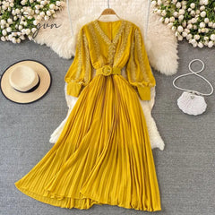 Ingvn - Red/Yellow/Black Embroidered Pleated Long Dress Vintage V-Neck Lantern Long Sleeve High Waist Draped Maxi Vestidos Female