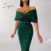 Ingvn - Women Sexy Elegant Off The Shoulder Dresses Autumn Summer Vintage Streetwear Club Party Female V-Neck Dress With A Belt