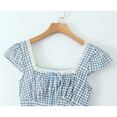 Women Casual Vintage Plaid Dress Elegant Square Neck Short Sleeve A-line Summer Long Dress Vacation Maxi Robe
