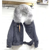 Ingvn - velvet thick denim jacket female winter big faux fur collar Korea denim coat female student short coat