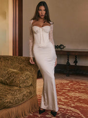 Lace Long Sleeve Sexy Maxi Dress For Women White Square Collar Backless Back Split Bodycon Club Party Long Dress