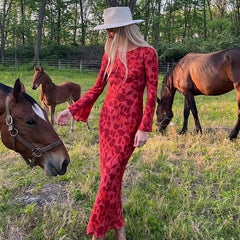 Pphmm 2000s fashion Bohemian Summer New Printed Dress Women's Style Sexy Hot Girl Perspective round Neck Long Sleeve Dress