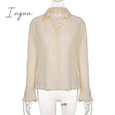 Ingvn - Hot Sell Vintage White Folds Cute Y2K Shirts Women Elegant Fashion Flared Sleeve Button Tops See Through Sexy Mesh Girl Tees