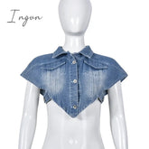 Ingvn - Sexy Sleeveless Single-breasted Blue Denim Vest Women's Turn-down Collar Cut Out Short Jean Jacket All-match Tank Coats
