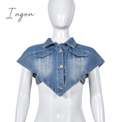 Ingvn - Sexy Sleeveless Single-breasted Blue Denim Vest Women's Turn-down Collar Cut Out Short Jean Jacket All-match Tank Coats