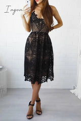 Ingvn - Casual Patchwork Lace Spaghetti Strap Lace Dress Dresses