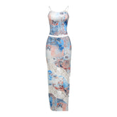 Colorful Fashion Print 2 Piece Set Women Sexy Backless Camisole+Mesh Patchwork Long Skirts Vacation Streetwear Outfits