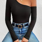 One Shoulder Long Sleeve T-Shirt - Timeless Solid Color, Chic Relaxed Fit, Perfect for Spring & Fall, Womens Casual Wear