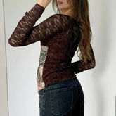 Brown Transparent Lace Sleeve Crop Top Grunge y2k Floral Print Square Collar T-shirt Women Retro Shirt Vintage 2000s Tees