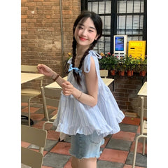 French Style Striped Bow Tank Top Women's Summer Loose Fit Vacation Style Doll Top Fashionable Casual Wear