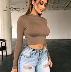 Ingvn - Solid Basic Long Sleeve Womens Tshirt Casual Black White Fashion Crop Top T Shirt Ladies Fashion Korean Tee Shirt