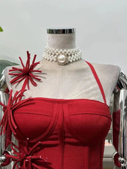 Bandage Tight Two Piece Flower Top Mini Skirt Sets Halter Knitted Nightclub Clothing Luxury Party Dress Women's Fashion Outfit