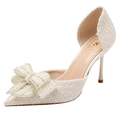 Ingvn Luxury Pearl Crystal Bowtie White Wedding Shoes Women Spring Brand Designer High Heels Pumps Woman Thin Heeled Party Shoes