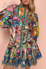 Ingvn - Bohemian Vintage Print Bandage Buckle Mandarin Collar Pleated Dresses