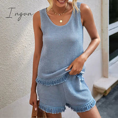 Ingvn - Summer Beach Two Piece Set Women tassel Tracksuit Loungewear Casual Sleeveless Tops + Slim Shorts Suit Elegant Woman Set Outfits