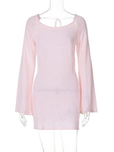 Ingvn Womens Flare Sleeve Lace-up Backless Pink Sweater Dress Ladies Autumn High Waist Hollow Out Knitted White Party Vacation Dresses