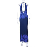Floral Print Backless Sexy Maxi Dress for Women Fashion Deep V Neck Sleeveless Bodycon Back Slit Evening Long Dress