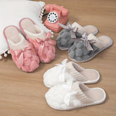 Luxurious Solid Color Fluffy Slippers - Ultra-Soft Slip-On with Memory Foam Sole - Cozy Bowknot Decor for Winter Warmth - Anti-Slip Indoor Shoes