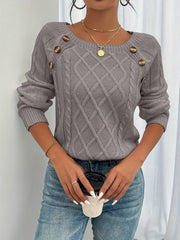 Long Sleeve Cable Knit Sweater, Casual Crew Neck Sweater, Women's Clothing
