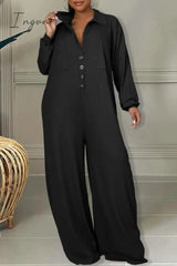 Ingvn - Red Casual Solid Patchwork Pocket Buckle Turndown Collar Plus Size Jumpsuits