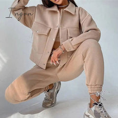 Ingvn - Women Casual Two Piece Sets Autumn Winter Fashion Female Warm Suits Turn-Down Collar Jacket And Drawstring Trouser Tracksuits