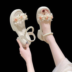 Ingvn Summer Sandals for Woman Diamond Women's Shoes Beach Footwear with Medium Heels Beige Platform Rhinestones F Korea