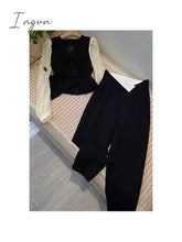 Ingvn - Women's Autumn British Style Trousers Suit V-neck Irregular Short Small Blazer and Wide Leg Trousers Two Office Ladies Piece Set
