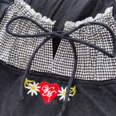 Voguable Vintage Kawaii Bow Embroidery Mini Dress Patchwork Square Collar Short Sleeve Black Dress Retro Y2K Aesthetic Fairy Clothes