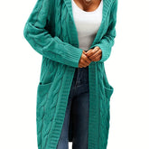Plus Size Casual Cardigan, Women's Plus Solid Cable Long Sleeve Open Front Hooded Cardigan With Pockets