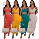 Ingvn - Sexy Two Piece Sets V-Neck Long Sleeve Crop Top Knitted Long Skirt Party Women Sets Wrap Club Bodycon 2 Pieces Outfits