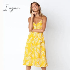 Ingvn - Boho Sexy Floral Dress Summer Vintage Casual Sundress Female Beach Dress Midi Button Backless Polka Dot Striped Women Dress