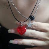 Vintage Star Red Crystal Heart Pendant Leather Rope Chain Necklace For Women Korean Fashion Collar Choker Necklace Y2K Jewelry