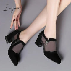 Ingvn - 2024 Women High Heel Shoes Mesh Breathable Pumps Zip Pointed Toe Thick Heels Fashion Female Dress Shoes Elegant Footwear