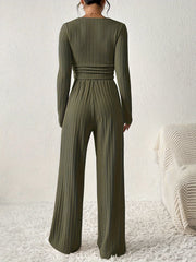 Women'S Fashion Set, Long Sleeve Round Neck Crop Top with Wide Leg Pants, Solid Color, Polyester Knit, Autumn/Winter Collection